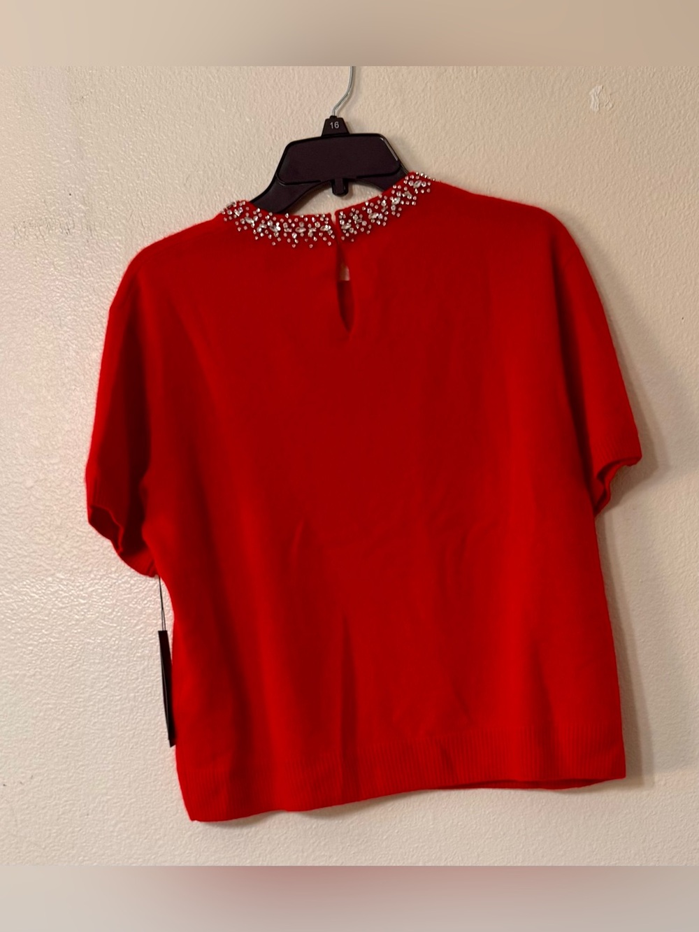 Tahari 100% Cashmere Red Jeweled Neck Short Sleeve Sweater Size S NWT - Picture 6 of 7